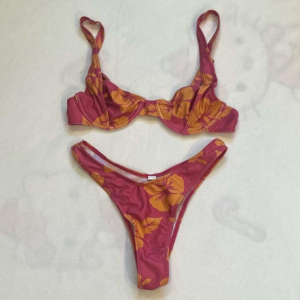 SHEIN Orange Pink Hibiscus Print Bikini Set - Tropical Y2K High Cut Small